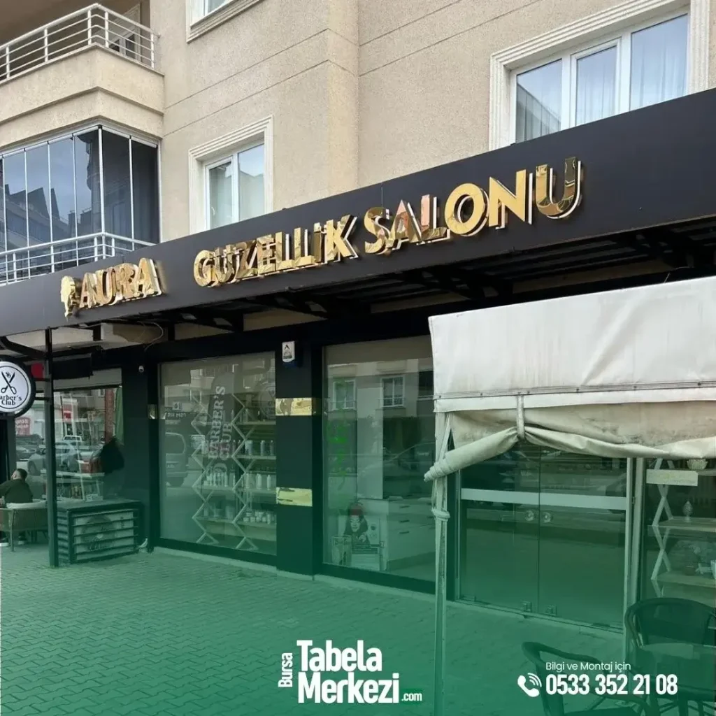 Güzellik Salonu için ürettiğimiz ters ışıklı Gold renk Işıklı Kutu Harf Tabela