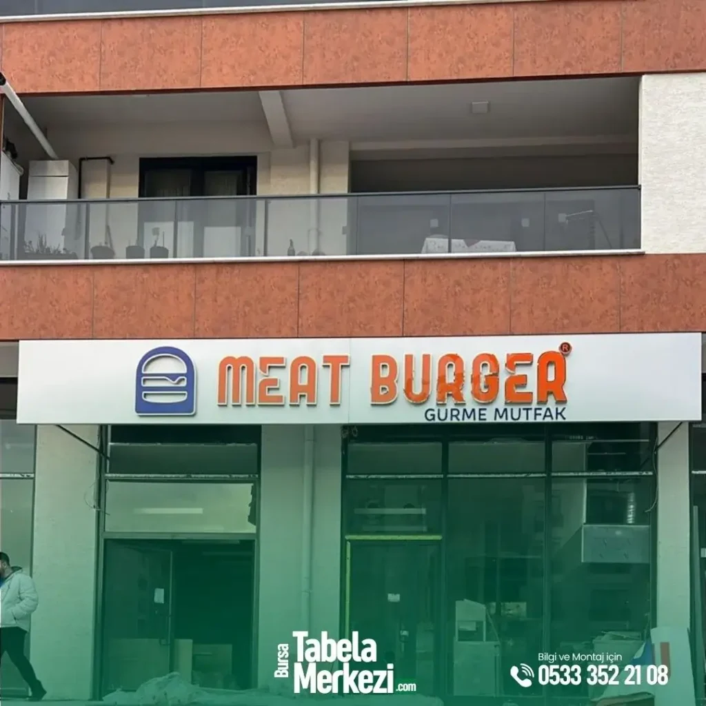 Meat Burger için üretmiş olduğumuz Işıksız Krom Kutu Harf Tabela